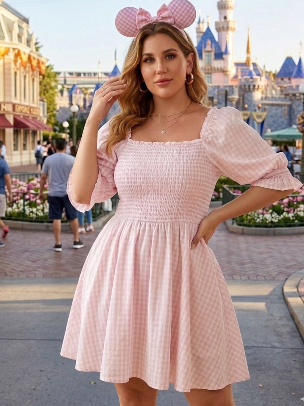Blue Rain Light Pink Smocked Puff-Sleeve Dress Mini with Side Pockets
